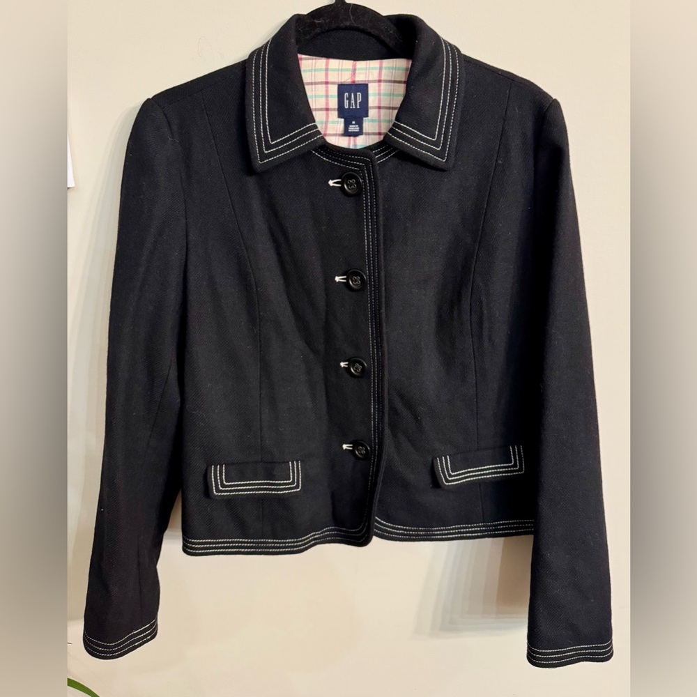 GAP Women's Vintage‎ Y2K Black Wool Blend Jacket with White Stitching